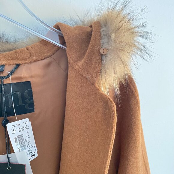 JUNGE Cinnamon Wool Blend Fur Hooded Trench Coat Fits10 - Picture 11 of 16